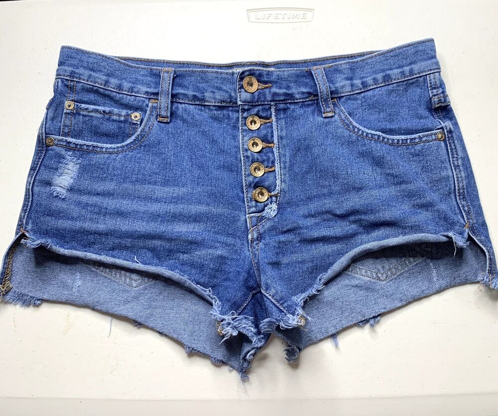 Free People Jean Shorts 26 Raw Cut Off Distressed Exposed Button Fly 100% Cotton